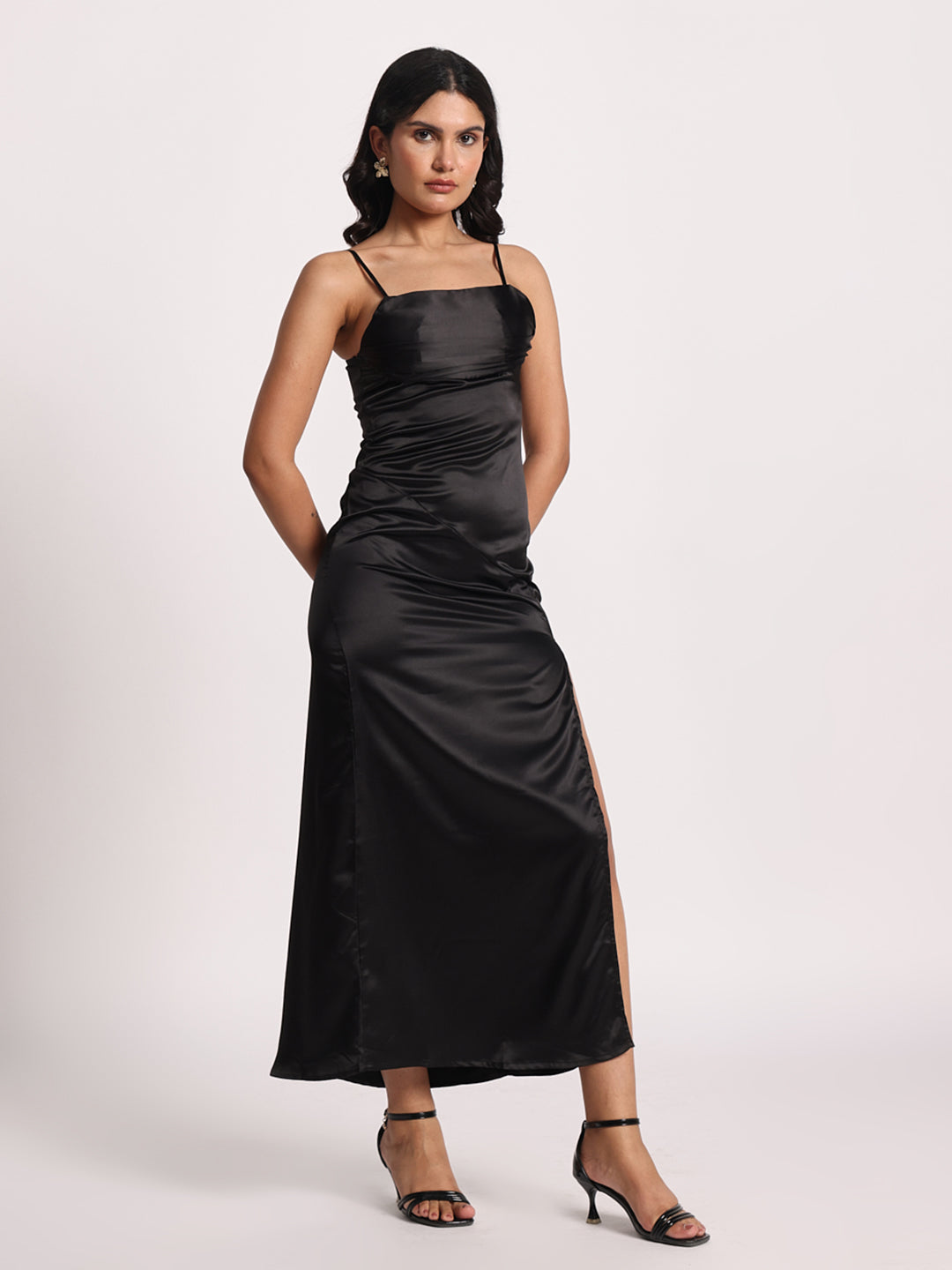 The "Sleek Noir" Satin Midi Dress