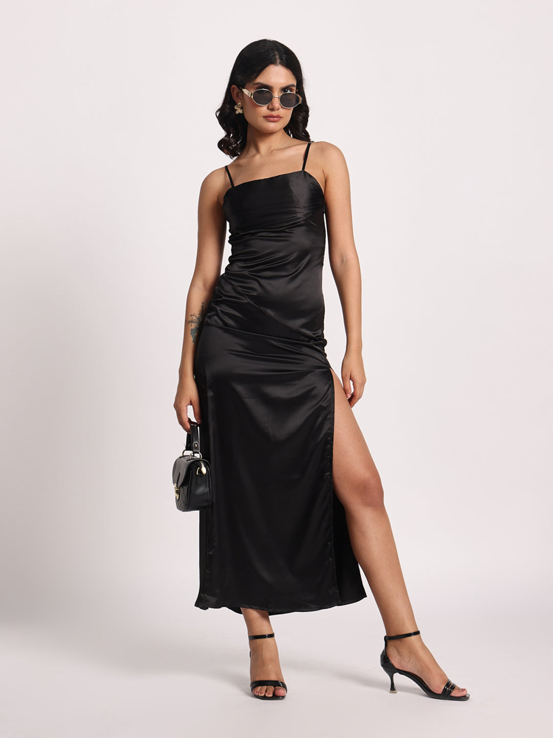 The "Sleek Noir" Satin Midi Dress