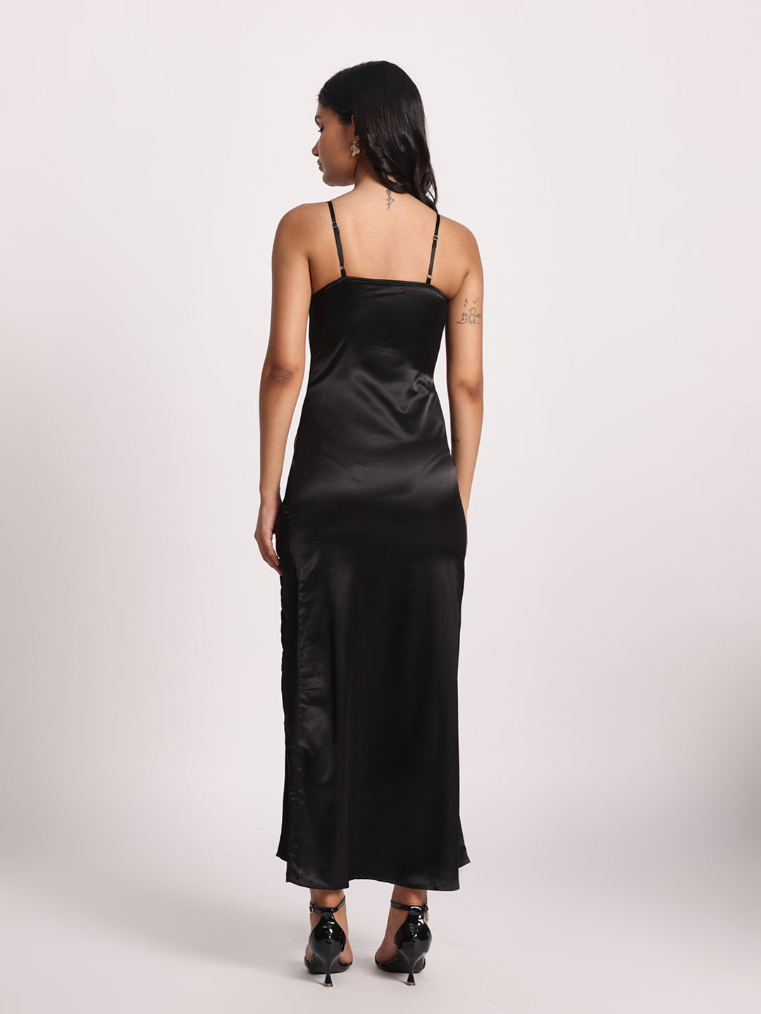 The "Sleek Noir" Satin Midi Dress