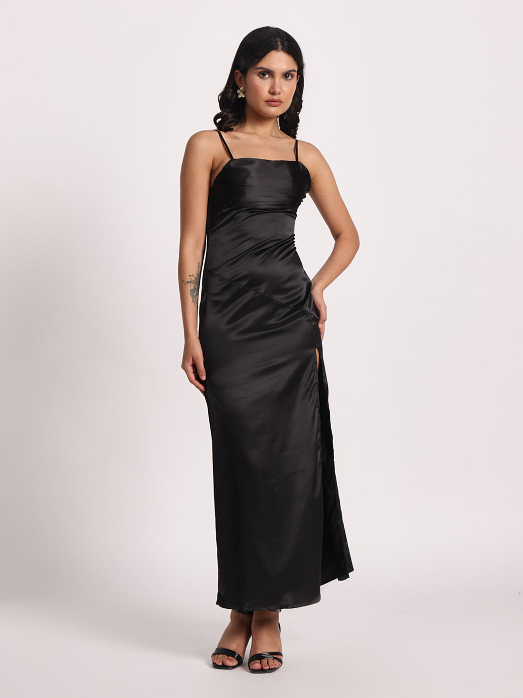 The "Sleek Noir" Satin Midi Dress