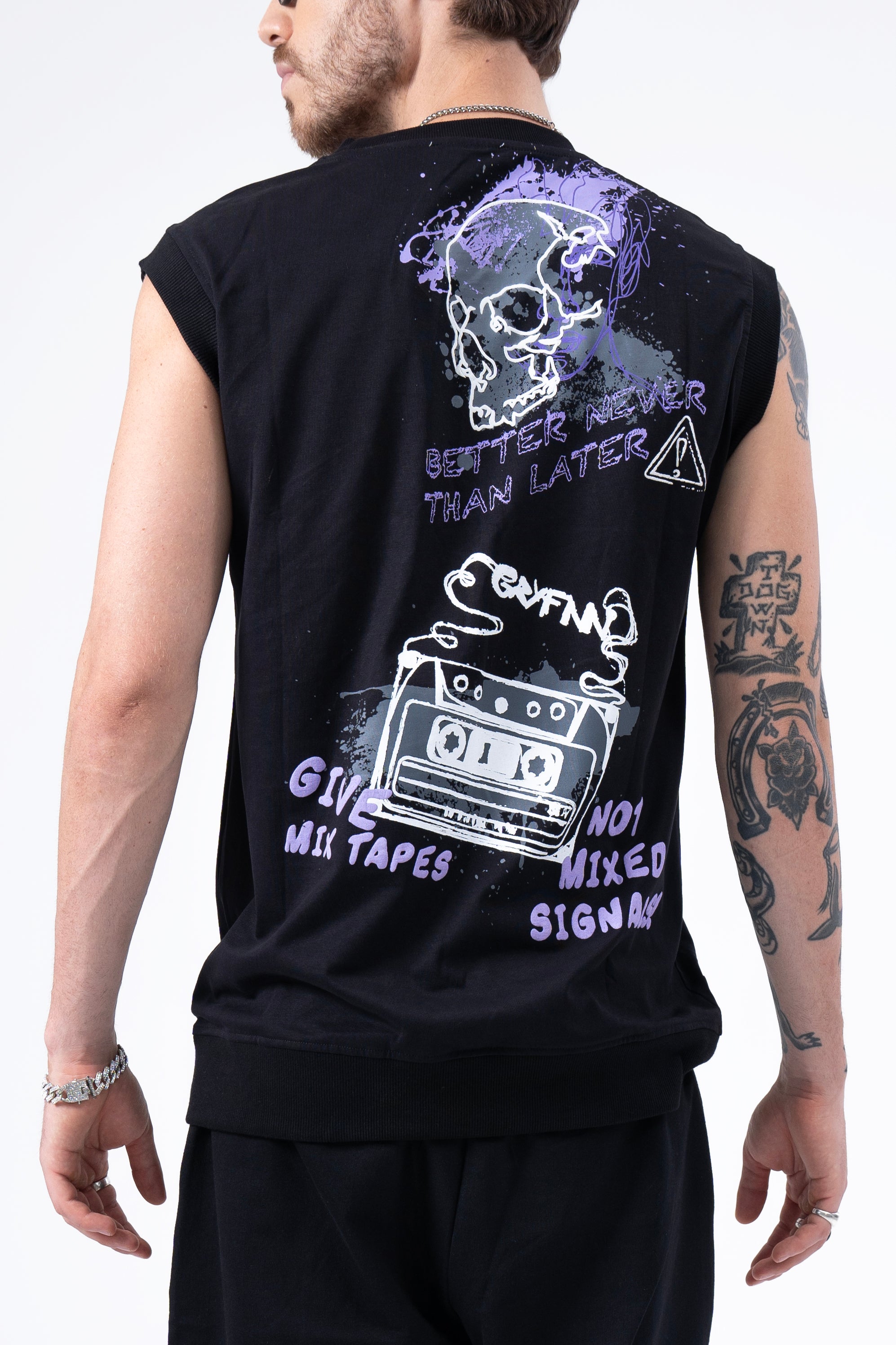 "Better Never Than Later" Skull & Mixtape Vest